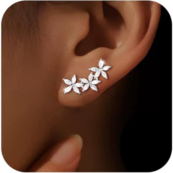 Sterling Silver 0.7x0.3in Minimalist Zircon Flower Cluster Earring for Women